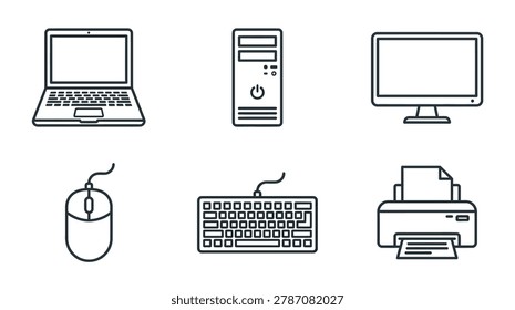 Line art presents desktop PC monitor laptop mouse keyboard and printer peripheral for various usage needs