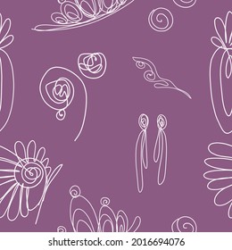 Line art princess ornaments vector seamless pattern