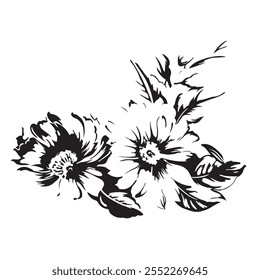 line art print of twigs with buds of loose daisies, for textile, design or pattern