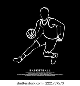 Line art of professional basketball player dribbling a ball isolated on black background