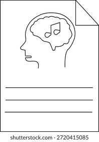 Arte de línea de una cabeza de perfil con un documento de nota de música cerebral y líneas en la parte inferior