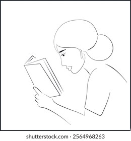 Line Art Profile Portrait of Native American Woman Reading a Book with Open Eyes