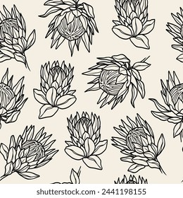 Line art protea flowers seamless pattern