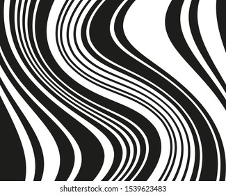 Line art psychedelic for print design. Web template. Vector illustration. Psychedelic drawing. Graphic fantasy drawing. Wavy texture. Black vector stripes. Optical art illustration. Psychedelic design