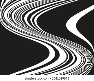 Line art psychedelic for print design. Web template. Vector illustration. Psychedelic drawing. Graphic fantasy drawing. Wavy texture. Black vector stripes. Optical art illustration. Psychedelic design