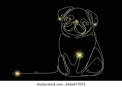 Line Art Pug Dog Animal with Gold Glitter Stars. Luxury Rich Glamour Invitation Card Template. Pug Dog Isolated on Black. Shine Gold Light Texture Effect. Glowing Blink Star Symbol Element Gift.