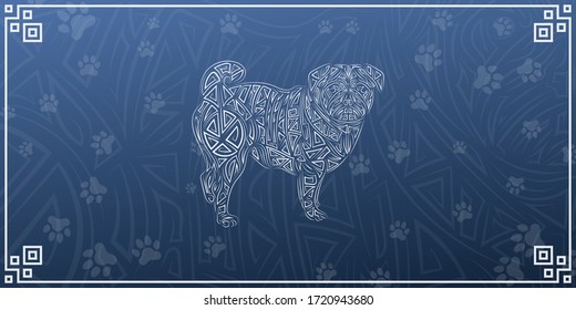 Line Art Pug illustration, grunge puppy logo banner, cute dog abstract poster design.