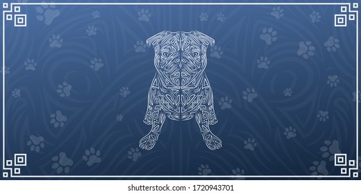 Line Art Pug illustration, grunge puppy logo banner, cute dog abstract poster design.