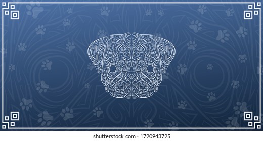 Line Art Pug illustration, grunge puppy logo banner, cute dog abstract poster design.