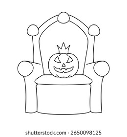 Line art a pumpkin with a crown sitting on a throne chair halloween