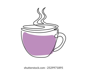 Line art of Purple hot cup with steam. Coffee or tea mug Isolated on white background. Continuous one line drawing. Concept of hot beverage, Morning drink, Minimalist Style, Icon, Print