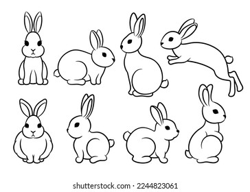 Line art rabbit set. Cute bunny jumping, sitting, running. 2023 year of the rabbit symbol. Easter spring animal logo sign. Chinese New Year. Hare silhouette isolated on white. Domestic animal pet.