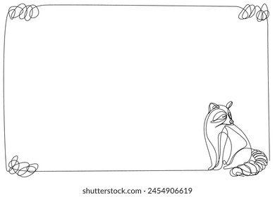 Line Art Raccoon Frame. Wild Cute Raccoon Animal Border Isolated on White. Editable Contour Vector Drawn. Modern Continuous Line Frame Border Decoration Element.  Wildlife and Nature Environment  Art