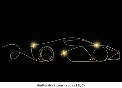 Line Art Race Car with Gold Glitter Stars. Luxury Rich Glamour Invitation Card. line Art Isolated on Black. Shine Gold Light Texture Effect. Glowing Blink Star Christmas Holiday Gift.