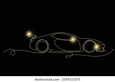 Line Art Race Car with Gold Glitter Stars. Luxury Rich Glamour Invitation Card. line Art Isolated on Black. Shine Gold Light Texture Effect. Glowing Blink Star Christmas Holiday Gift.