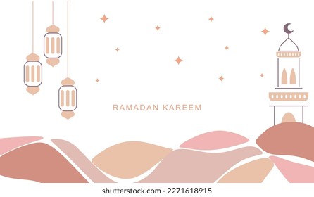 line art of Ramadan Mubarak with decorative abstract boho design, moon, stars minarets and lanterns