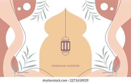 line art of Ramadan Mubarak with decorative abstract boho design, moon, stars minarets and lanterns