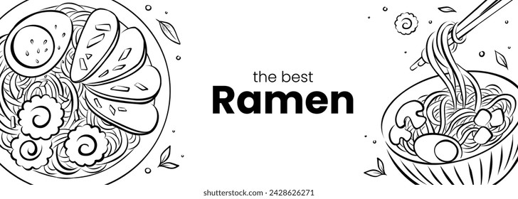 Arte de línea de la sopa de Ramen aislado sobre un fondo blanco. Banner vectorial dibujado a mano para sitio web, anuncio, medios sociales o menú. Ilustración de boceto de un plato tradicional japonés de fideos. 