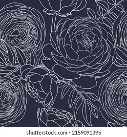 Line art ranunculus background. Abstract backdrop with floral outlines. Ranunculus outlines seamless patterns for wall art, prints, wrapping paper, packaging, and fabric. Ranunculus line art