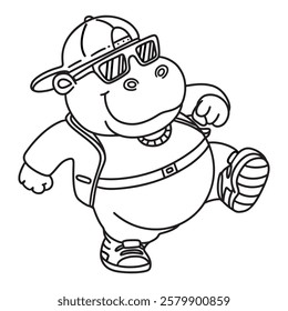 Line art of the rapper hippo dancing happily cartoon vector