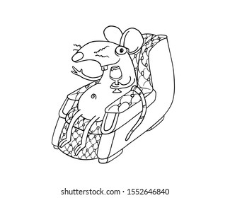 Line art rat or mouse sitting on a red couch sofa and holding a champaign glass. Vector Illustration isolated on flat white background for kids book or for chinese new year of the rat. For children