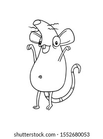 Line art rat or mouse staying on two feet and cheerfully raising arms. Vector Illustration isolated on flat white background for kids coloring book or for chinese new year of the rat. For children
