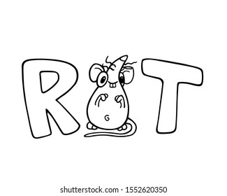 Line art RAT text lettering typo with a rat or mouse instead the letter A. Vector Illustration isolated on flat white background for kids coloring book or for chinese new year of the rat. For children