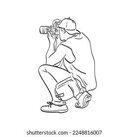 line art rear view of male photographer shooting with dslr camera illustration vector hand drawn isolated on white background