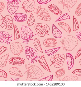 Line art red and pink strawberry seamless pattern background design. Vector summer fruit texture print.