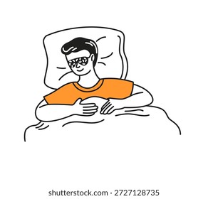 Arte de línea de un hombre relajado acostado en la cama con una camisa naranja y una máscara de sueño. La Imagen representa un sueño tranquilo y reparador en un estilo simple y minimalista.