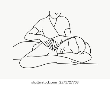 Line art of a relaxing massage session. Therapist uses gentle techniques. Peaceful, soothing atmosphere. Massage therapy for relaxation. Simple black line art doodle vector.