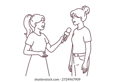 Line art of a reporter conducting an interview with another woman using a handheld microphone. Media professional recording news or stories in a professional setting