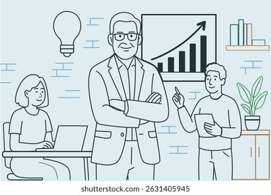 Line art of representation in senior tech roles and leadership positions at startup companies.	