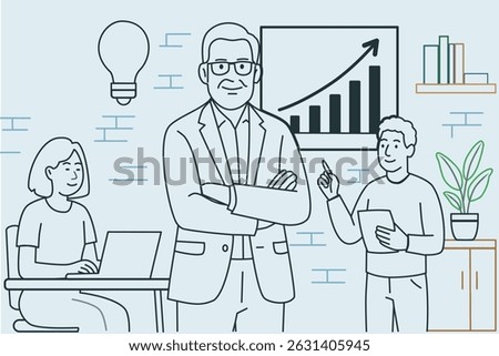 Line art of representation in senior tech roles and leadership positions at startup companies.	