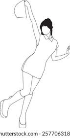 Line art representation of a woman posing dynamically,showcasing a trendy outfit.The simple outline design emphasizes a minimalistic style,focusing on expression and bold personality.