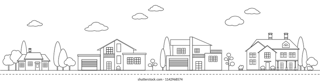 Line art residential house collection. Private cottages in street. Contour vector illustration.