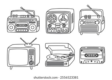 Line Art Retro Devices set.Graphic collection of musical electronic equipment.Boombox, reel-to-reel tape recorder, radio, vinyl  player, TV, cassette tape.Vector linear objects isolated on white.