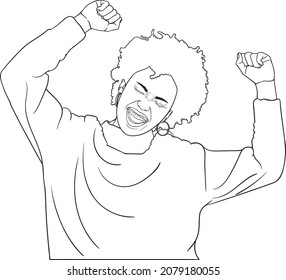 line art retro girl raises arms tilt head dressed casual jumper laughs from happiness celebrates victory isolated