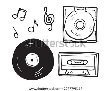 Line art retro music set: vinyl record, CD case, cassette tape, music notes, treble clef. Bold doodle sketch, black white, isolated. Y2K nostalgia print sticker design