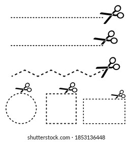 Line art ribbon with black scissors line circle square on white background. Circle shape template illustration.