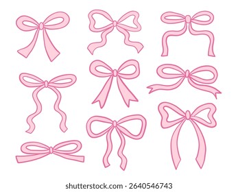 Line Art Ribbon Bow Element Collection. A delicate collection of pink ribbon bows in various loop styles including curls and classic ties. Perfect for girly decor festive packaging and fashion accents