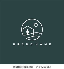 line art river house y pino en círculo sun logo Vector