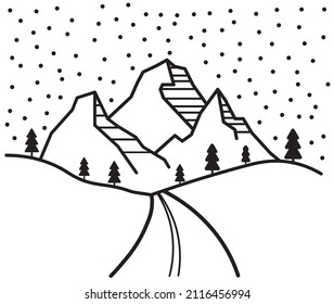 Line Art Road Leading Into Snowy Mountain Range Vector. In EPS 10