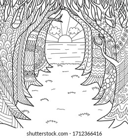 Line art the road under the trees leads to the sea and sunset, for adult coloring page and print on product. Vector illustration