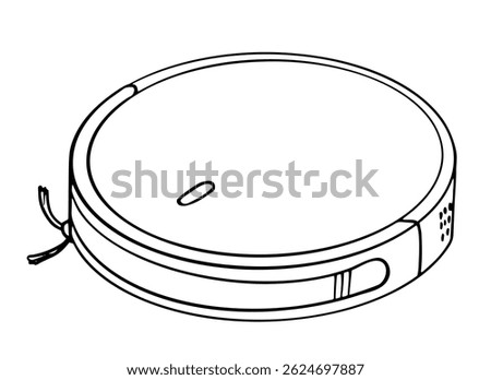 Line art of a robotic vacuum cleaner in black and white, ideal for educational materials, instruction manuals, coloring pages, product icons, and smart tech visuals.
