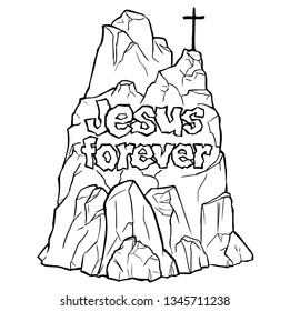 Line art rock with inscription Jesus forever and cross