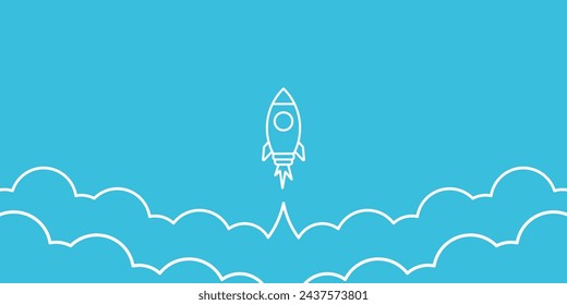 Line art rocket banner vector space ship and clouds background banner design