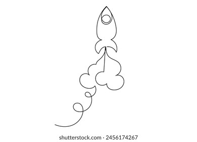 Line Art Rocket Spaceship Silhouette. Doodle Simple Graphic Space Explore Adventure Outline Line Art. Rocket Silhouette Isolated on White . Travel Tourism Science Explore Modern Line Art Concept