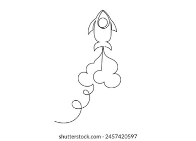 Line Art Rocket Spaceship Silhouette. Doodle Simple Graphic Space Explore Adventure Outline Line Art. Rocket Silhouette Isolated on White . Travel Tourism Science Explore Modern Line Art Concept