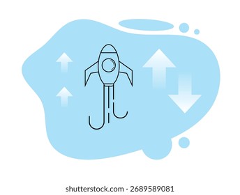 Ideia de lançamento do foguete Line Art em azul. Conceito de negócio e início de uma carreira de sucesso ou vetor de negócios